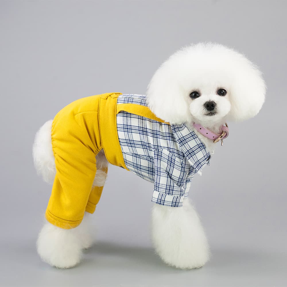Plaid Dog Jumpsuit with Bowtie and Suspenders